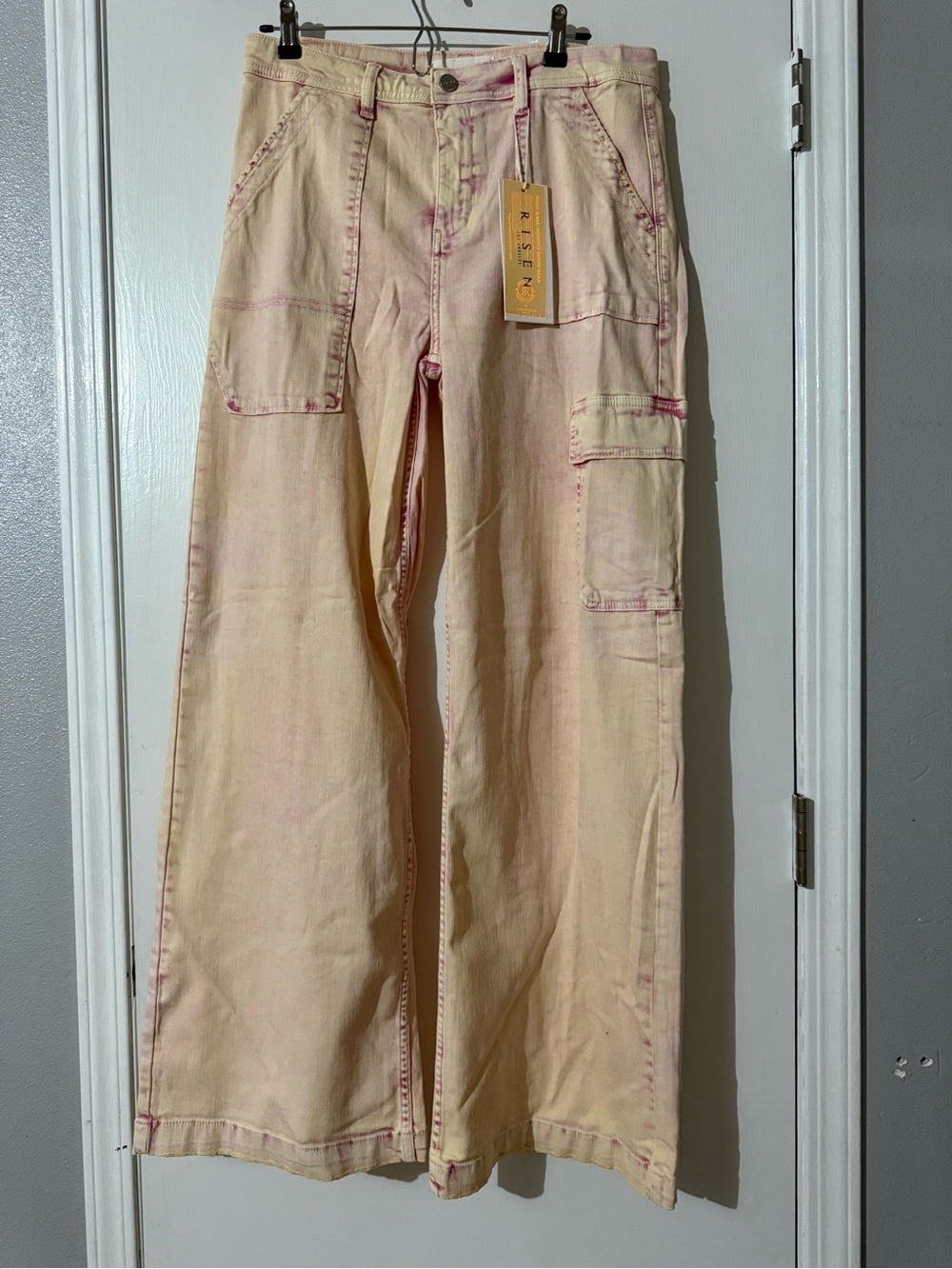 Risen Wide Leg Cargo Jeans in  with acid Pink Wash
